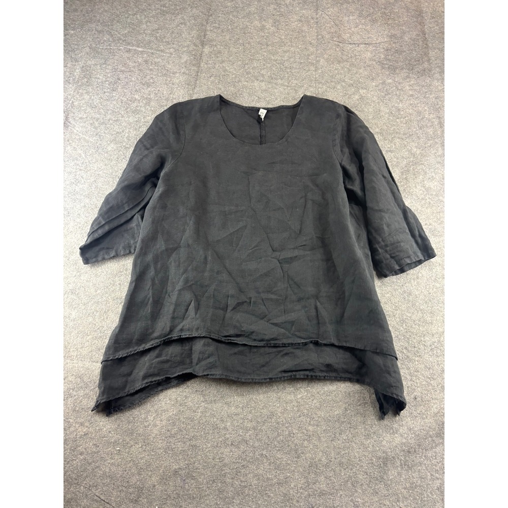 Et Lois Black Linen Tunic Top 3/4 Sleeve Asymmetrical Layered Hem Womens XS USA